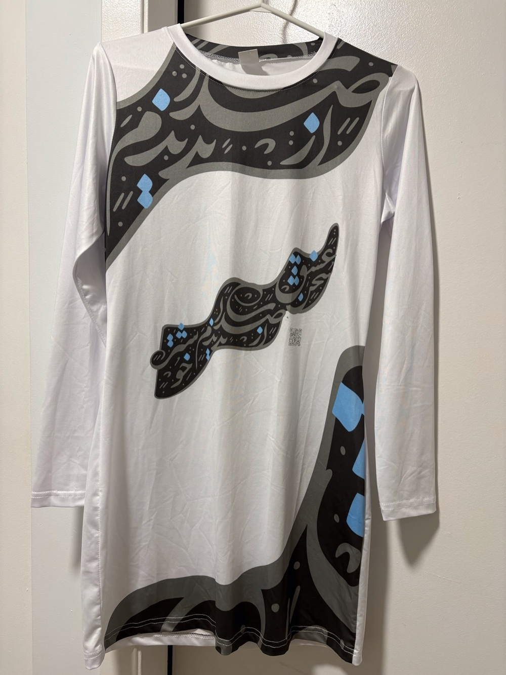 White Long-Sleeve Shirt with Black & Light Blue Accents